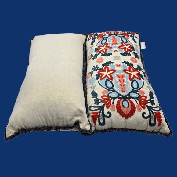 Set of 2 Embroidered Fringed Bold Floral Lumbar Throw Pillows Approx. 24x13x4" - Picture 10 of 16